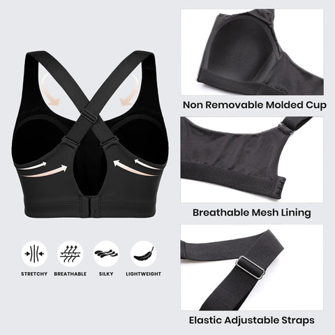 Zip Front High Impact Sports Bra With Molded Cups, Wireless Convertible Straps, Black Size 36C, back view, mesh lining detail