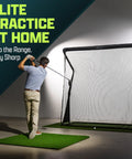 Golfer using Elite Golf Practice Net With Steel Frame, Heavy Duty 7.5ft Square Netting, indoor practice scene