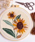 Sunflower Punch Needle Kit For Beginners - No-Fuss DIY Embroidery Starter Set with completed sunflower hoop and tools shown