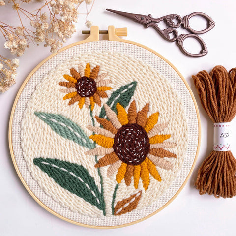 Sunflower Punch Needle Kit For Beginners - No-Fuss DIY Embroidery Starter Set with completed sunflower hoop and tools shown