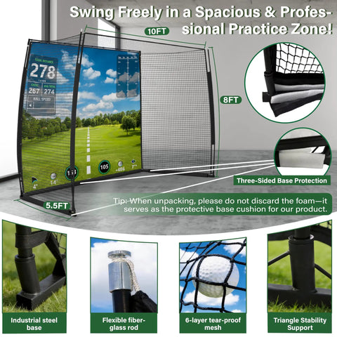 Golf Simulator Enclosure with 270 Degree Protection and 3 in 1 Home Golf Studio showing impact screen net and target.