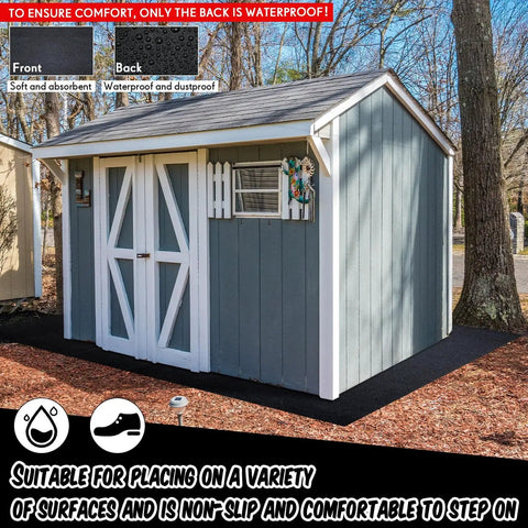 Outdoor Shed Floor Mat 6 By 8.2 Ft Waterproof Nonslip Rug shown installed outside a gray shed