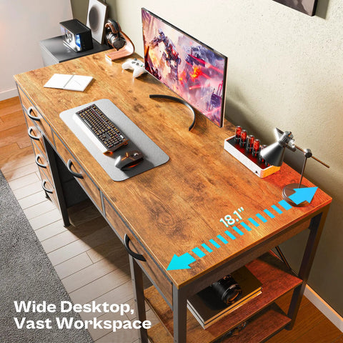 47 Inch Rustic Brown Corner Desk with Six Fabric Drawers, Shelves, and Reversible Setup for Gaming and Office Use