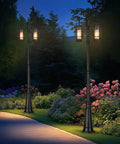Two Head Outdoor Lamp Post Light Hardwired Street Pole For Outdoor Use With Water Glass Shade by a garden walkway at night