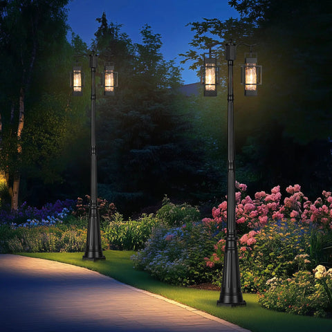 Two Head Outdoor Lamp Post Light Hardwired Street Pole For Outdoor Use With Water Glass Shade by a garden walkway at night