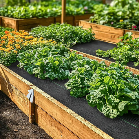 Raised garden beds using Heavy Duty Weed Barrier Landscape Fabric For Gardens And Lawns, Premium Weed Control, 4 Feet By 50 Feet.