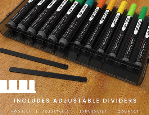 Close-up of 72 Slot Art Marker Storage Tray Desk Organizer with adjustable dividers, modular and expandable tinted plastic for pens.