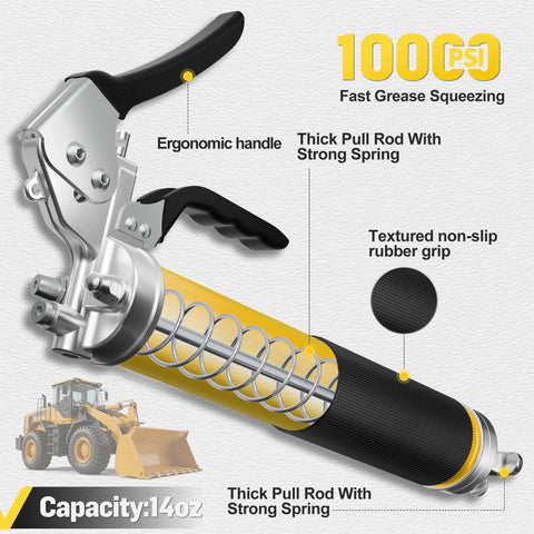 10,000 PSI Pneumatic Grease Gun Kit with Built Tough Pistol Grip, yellow body, 14 oz capacity, ergonomic handle, for auto and marine