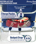 Back view of 5-Position Lay Flat Folding Backpack Beach Chair with storage pouches and straps, at the beach