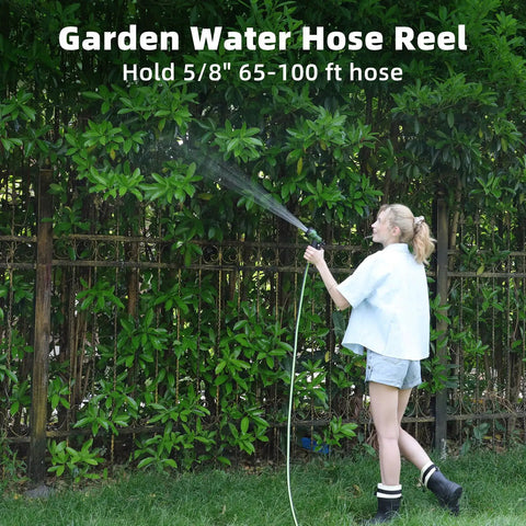 Person using Portable Wall Mount Hose Reel Cart For 65 To 100 Ft Of 5 Eighth Inch Hose All In One Garden Hose Holder