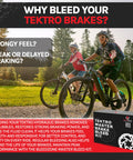 Hydraulic Brake Bleeding Kit For Tektro And TRP Brakes With 120ml Mineral Oil 5.5mm Olive Insert Funnel Adapter Mountain Bike Brake Bleed Tool Set That Makes Quick Clean Bleeds Easy packaging next to mountain bikers.