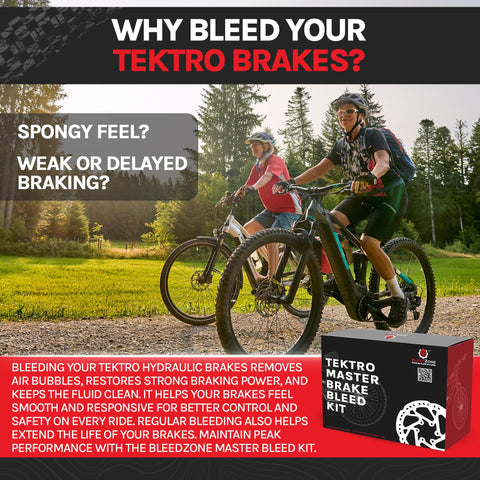 Hydraulic Brake Bleeding Kit For Tektro And TRP Brakes With 120ml Mineral Oil 5.5mm Olive Insert Funnel Adapter Mountain Bike Brake Bleed Tool Set That Makes Quick Clean Bleeds Easy packaging next to mountain bikers.