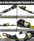 Diagram showing how to use Retractable Ratchet Straps 4 Pack 2 Inch By 10 Foot Heavy Duty Tie Downs with Soft Loops for securement.