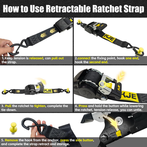 Instructional guide on using Retractable Ratchet Straps Set 2 Pack 2 Inch By 10 Foot Automatic Tie Down Straps with soft loops.
