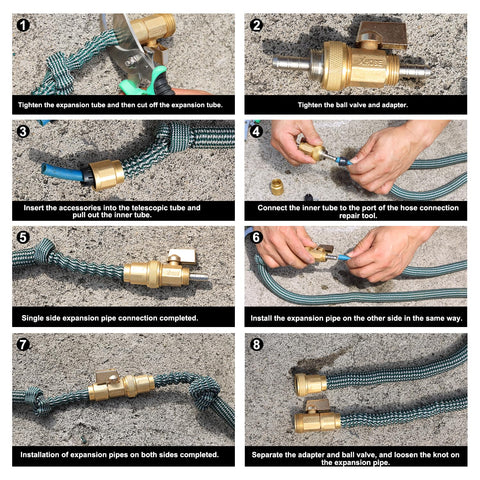 Garden Telescopic Hose End Adaptor With Shut Off Valve And Brass Repair Connector installation steps on concrete surface