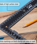 Metal Carpenter Square Ruler L Shape Right Angle 8 By 12 Inch With Imperial And Metric Measurements on wooden board