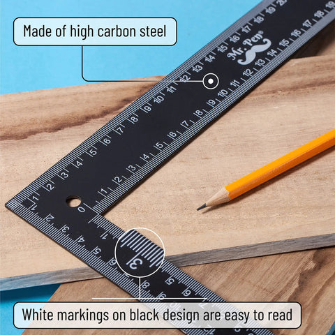 Metal Carpenter Square Ruler L Shape Right Angle 8 By 12 Inch With Imperial And Metric Measurements on wooden board