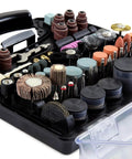 Heavy Duty 320 Piece Rotary Tool Accessory Kit With Durable Protective Carry Case For Sanding Cutting Drilling And Polishing, showing assorted grinding attachments.