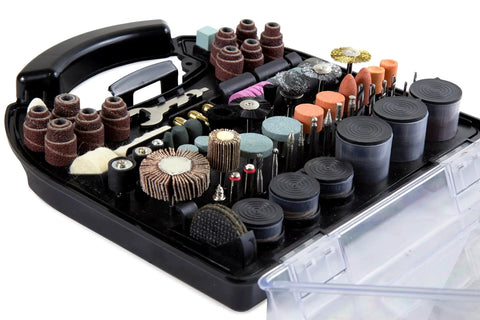 Heavy Duty 320 Piece Rotary Tool Accessory Kit With Durable Protective Carry Case For Sanding Cutting Drilling And Polishing, showing assorted grinding attachments.