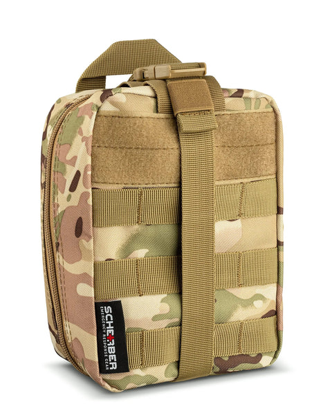 Scherber camouflage MOLLE trauma kit pouch with carry handle and webbing (front view)
