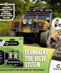 Permanent Valve Stem Replacement Kit For Tubeless Tires packaging next to off-road vehicle in muddy terrain