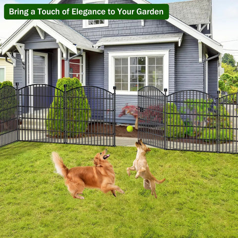 Tall 40 Inch High Outdoor Decorative Garden Fence With Gate, 23.6 Foot Long No Dig Dog Fence in yard with dogs playing