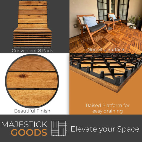 Interlocking Acacia Deck Tiles For Patio And Walkways No Fuss Tool Free Install With Raised Base Drainage Long Slat Outdoor Flooring 12 By 12 Inch Tiles 8 Count on display with non-slip surface and raised platform.