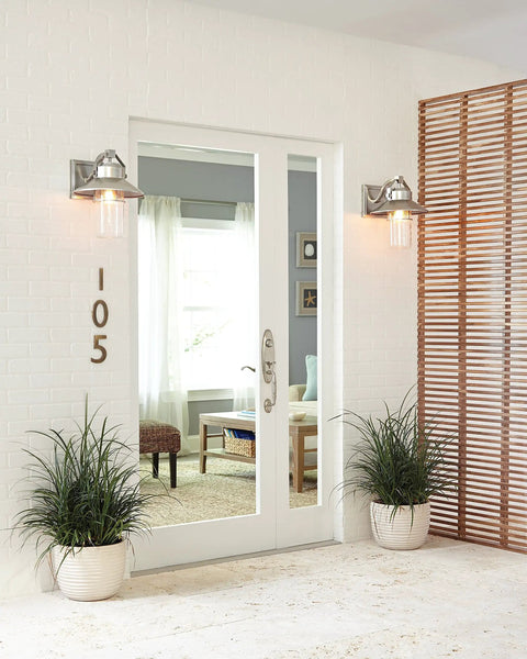 Boynton Outdoor Wall Light With Transitional Stone Finish by entryway, 10.75 Inch Tall, modern porch lantern on white brick wall