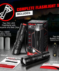 Complete set includes Ultra Bright Tactical Flashlight for EDC mini size with military-grade aluminum, box, batteries, and holder.