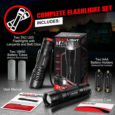 Complete set includes Ultra Bright Tactical Flashlight for EDC mini size with military-grade aluminum, box, batteries, and holder.