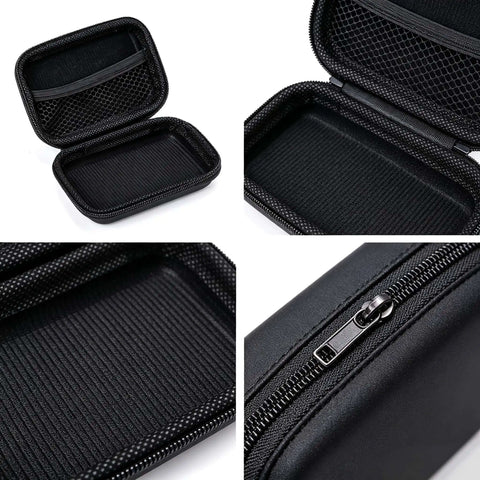 Black Hardshell Tech Travel Case For Cables And Chargers With Mesh Pocket And Elastic Straps Drip Proof Eva Cord Clutch For Smart Gadgets Everyday Carry Gear with unzipped view showing interior and zipper.