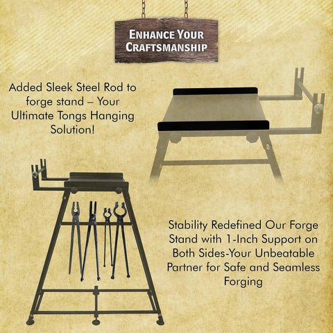 Forge Starter Kit Stand For Single Burner Blacksmith Kits with tongs hanging solution and sturdy 1-inch side support.