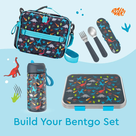 Kids Stainless Steel Utensil Set With Fork And Spoon, Reusable PFAS Free BPA Free Case, Easy Grip Handles, Dinosaur Theme with lunchbox.