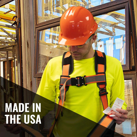 Worker in orange hard hat and safety gear, inspecting construction site, showcasing Cap Style Construction Hard Hat With Four Point Suspension Built Tough For Work OSHA And ANSI Z89 Compliant Class G And Class E Safety Helmet Made In USA White Durable Gear For Men And Women, with USA-made label visible.