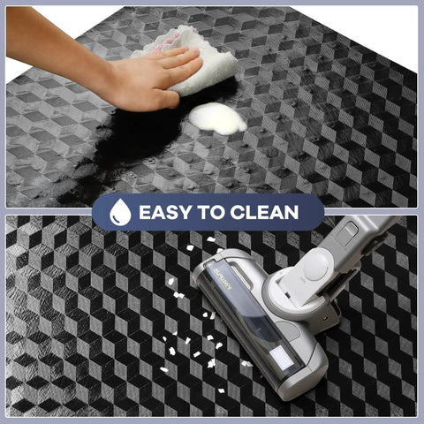 Close-up of a 48 By 30 Inch Chair Mat For Low Carpet Floors, showing textured PVC surface being cleaned with a sponge and vacuum.