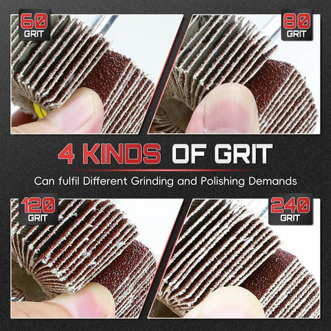 Twenty Piece Flap Wheel Sanding Kit With Quarter Inch Drill Shank For Smoothing Wood And Metal Surfaces High Grit Abrasive Set showing 60, 80, 120, and 240 grit options for various polishing needs.