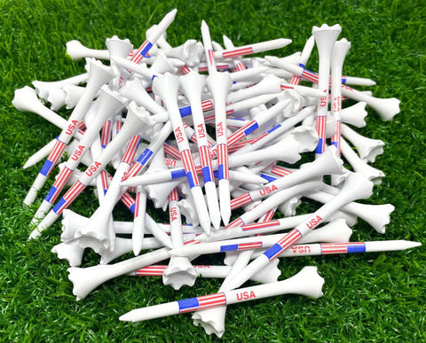 3 1/4 Inch American Flag Plastic Golf Tees Pack Of 100 Patriotic Bulk Tees With 6 Prong Cup To Reduce Ball Contact, USA Flag Design