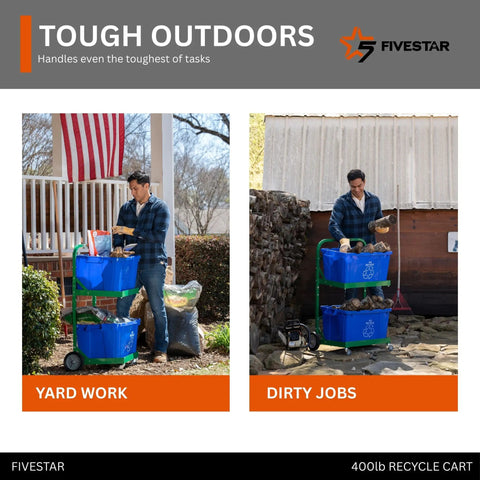 Tough As Nails Heavy Duty Recycle Bin Cart With Aluminum Frame And Stainless Steel Hardware Manages Four Hundred Pounds in use for outdoor yard work.