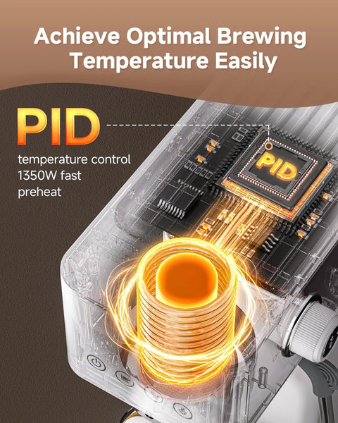 PID temperature control system in Compact 20 Bar Espresso Machine With Steam Milk Frother And 50oz Removable Water Tank For Home Use Coffee Maker For Cappuccino Latte Americano 1350W Fast Heating And Rich Crema For That Barista At Home Vibe