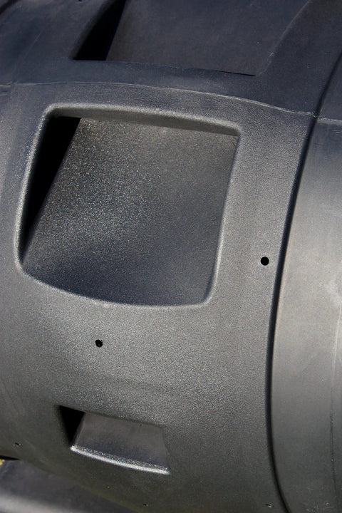 Close-up of Compost Wizard EnviroTumbler Black With Aeration Vents And Six Point Five Cubic Feet Capacity showing aeration vents