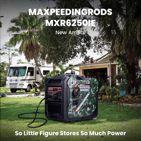 Powerful 5500W Inverter Generator Portable Gas Powered With Electric Start And Wheel Kit in a yard next to an RV and house.
