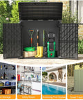 Outdoor Storage Cabinet 36 Cu Ft With Lockable Doors Portable Horizontal Resin Shed Waterproof Floor Included Easy To Assemble Backyard Gear Storage For Tools Garden Equipment Pool Accessories open with various tools and equipment inside