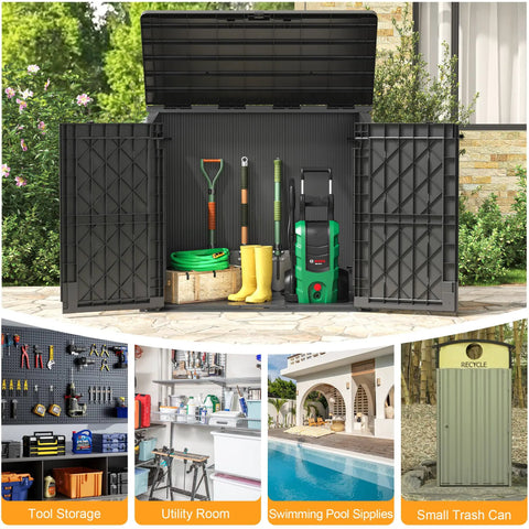 Outdoor Storage Cabinet 36 Cu Ft With Lockable Doors Portable Horizontal Resin Shed Waterproof Floor Included Easy To Assemble Backyard Gear Storage For Tools Garden Equipment Pool Accessories open with various tools and equipment inside