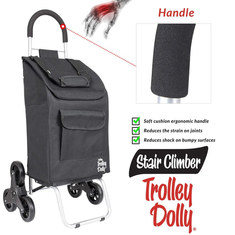 Stair Climber Trolley Dolly Cart With 6 Wheel Design, featuring ergonomic handle, soft cushion grip, and durable black fabric.