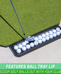 All Weather Golf Ball Tray For Hitting Mats 24 Ball Capacity Universal Fit That Locks Under Any Mat with club and balls