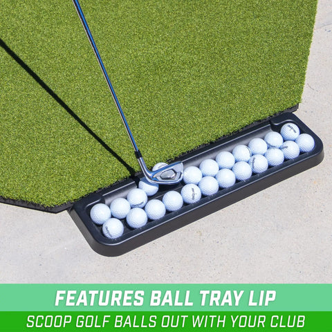 All Weather Golf Ball Tray For Hitting Mats 24 Ball Capacity Universal Fit That Locks Under Any Mat with club and balls