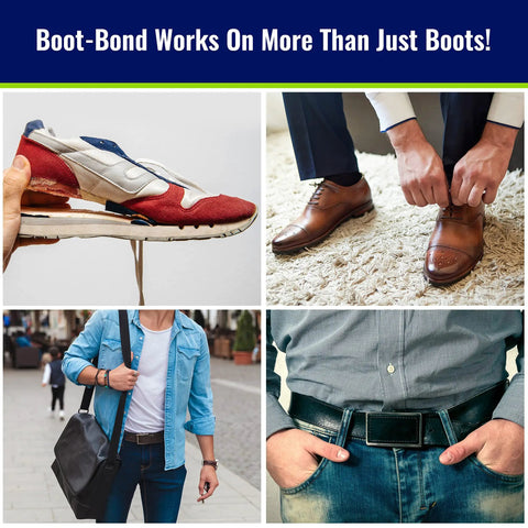 Collage showing Fast Dry Boot Repair Glue That Fixes Boots In Seconds on sneakers, dress shoes, and casual use for versatile repairs.
