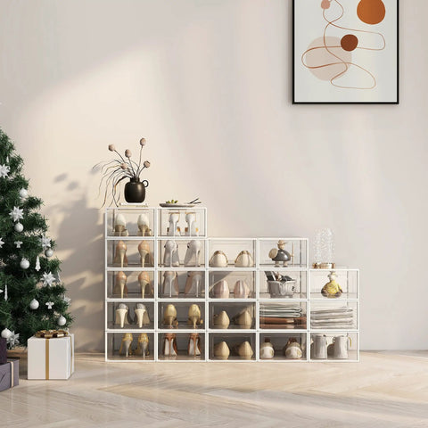 12 Pack Clear Shoe Storage Boxes For Closet Organization, Stackable And Foldable Sneaker Racks displayed in a room.