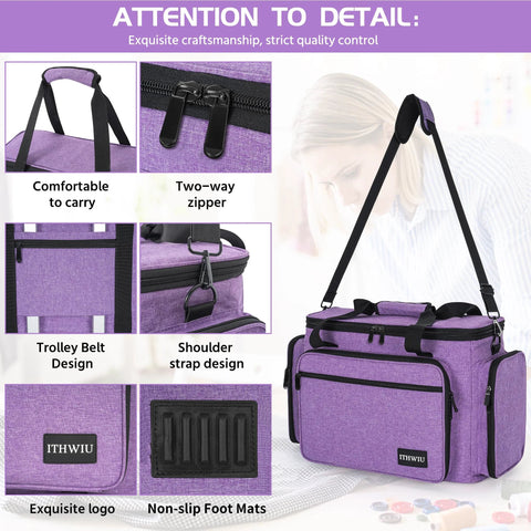 Portable Sewing Machine Case With Wheels And Shoulder Strap, Universal Rolling Trolley Tote With Multiple Storage Pockets, in purple