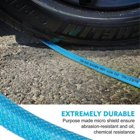 Quarter Inch X 100 Feet Reinforced Polyurethane Air Compressor Hose With 300 Psi Quick Connect Coupler And Plug Kit Blue on asphalt near vehicle tire.